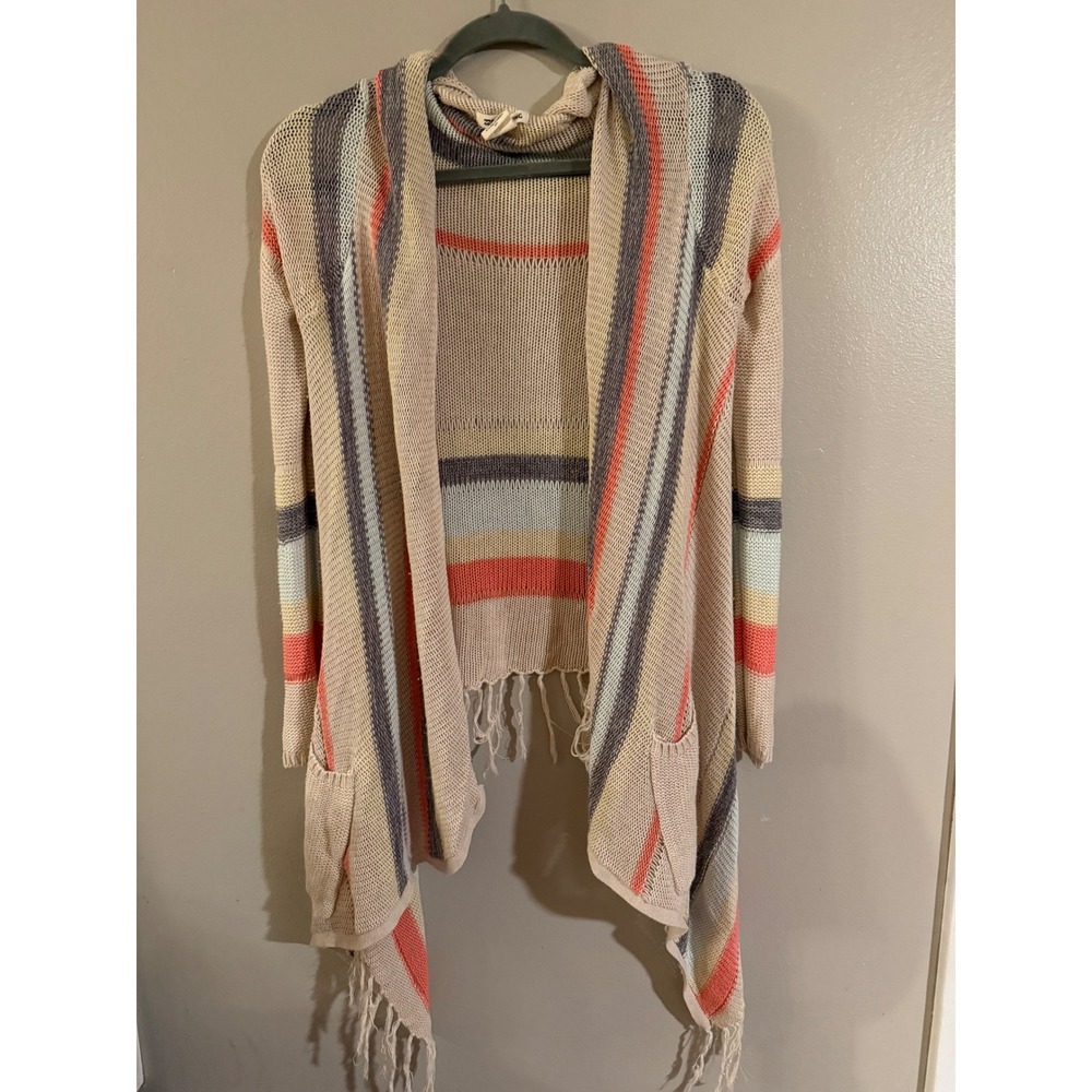 Billabong Striped‎ Hooded Fringe Cardigan Sweater Multi Color JV04BBEA Womens Sm